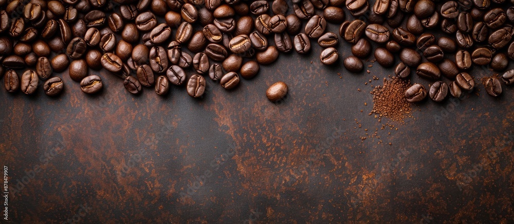 Flat lay composition of freshly roasted coffee beans arranged on a brown table, offering ample copy space in the image for text. Close-up top view serves as the background. Flat lay composition of freshly roasted coffee beans arranged on a brown table, offering ample copy space in the image for text. Close-up top view serves as the background.