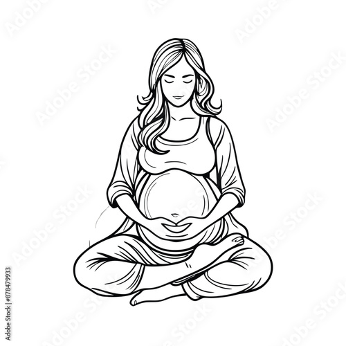 a pregnant woman sitting cross legged, line art vector illustration