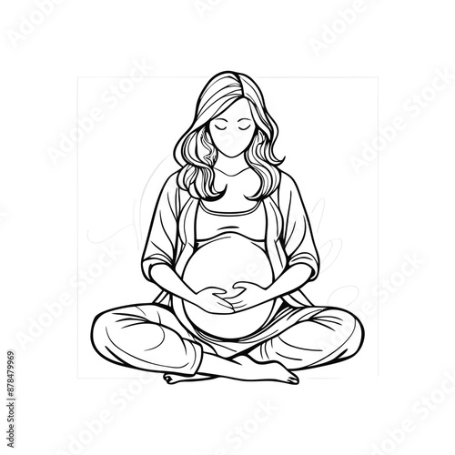 a pregnant woman sitting cross legged, line art vector illustration