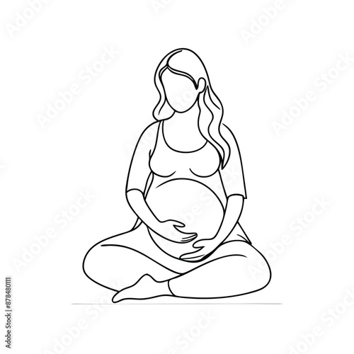 a pregnant woman sitting cross legged, line art vector illustration