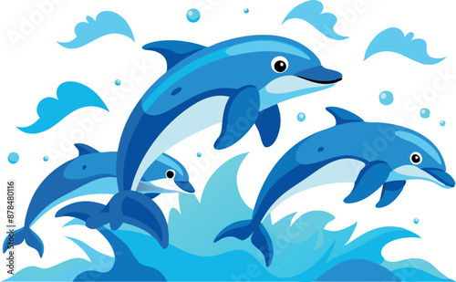 Colorful cartoon illustration of three playful dolphins jumping in the ocean waves