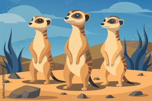 Illustration of three meerkats standing in the desert under a blue sky