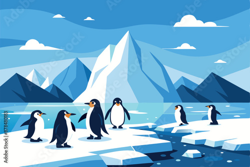Illustration of penguins in Antarctica with icebergs and mountains in the background