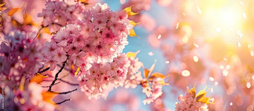 Close-up image of a sakura tree in full bloom with pink flowers in a scenic park against a sunny blue sky, ideal as a floral wallpaper with copy space image. Close-up image of a sakura tree in full bloom with pink flowers in a scenic park against a sunny blue sky, ideal as a floral wallpaper with copy space image.