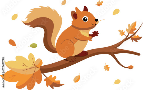 Cute squirrel sitting on a tree branch with autumn leaves falling around