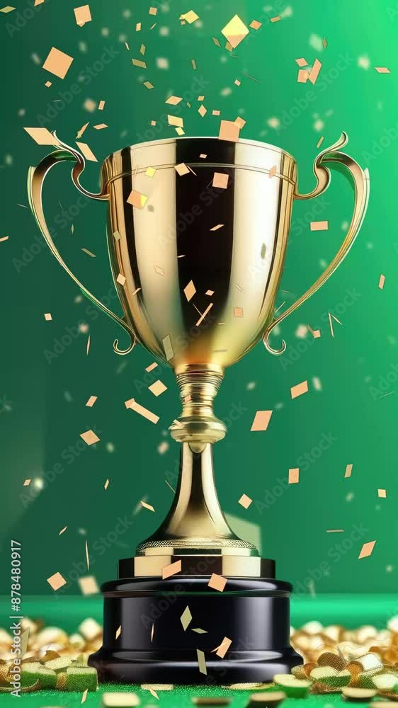 Gold cup sports trophy on green background with flying shiny confetti. Gold winner trophy, success in sports competition, champion symbol