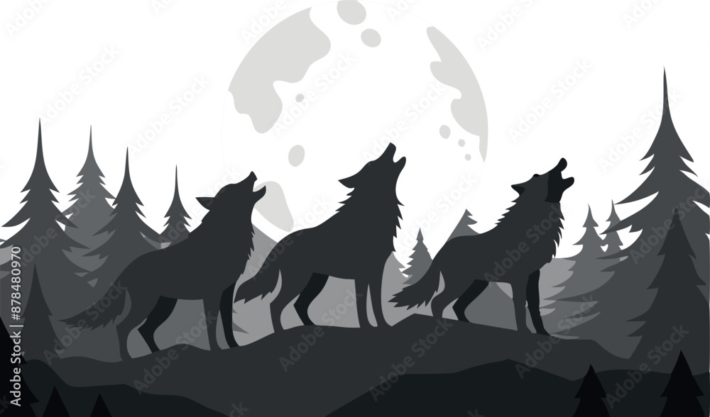 Silhouette of three wolves howling at the moon in a forest Silhouette of three wolves howling at the moon in a forest