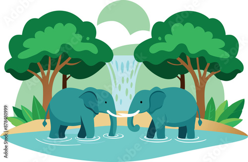 Illustration of two playful elephants in a jungle with waterfall background