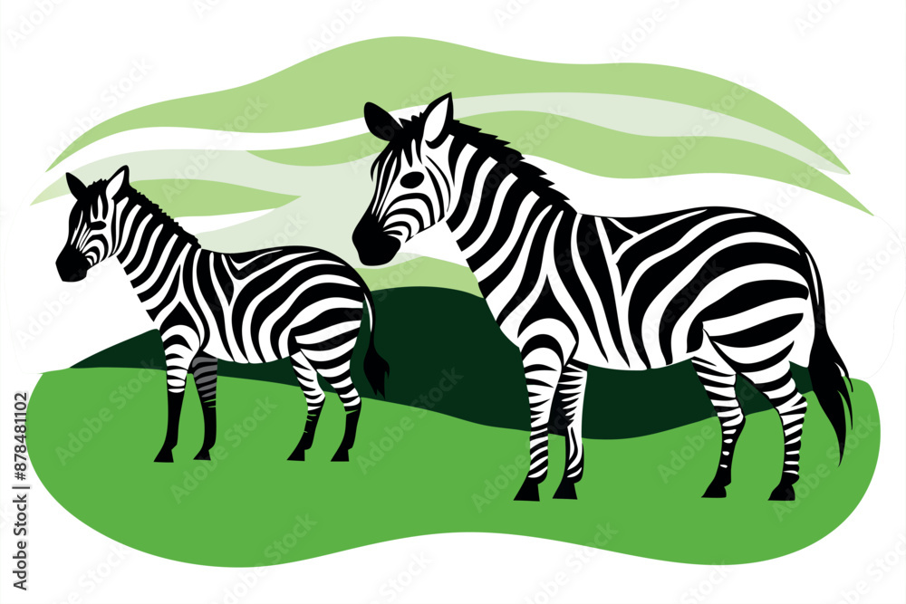 Illustration of two zebras standing on green grass with abstract background Illustration of two zebras standing on green grass with abstract background