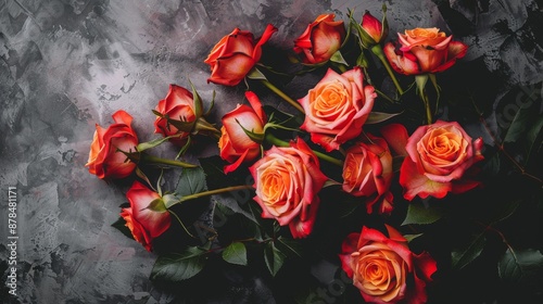 Blooming Roses Flowers: Lying on Dark Gray Background, Top View with Copy Space - Romantic Floral Elegance Banner © Anastasija