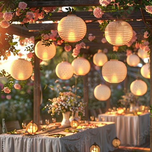 Schöne Dekoration mit Lampions für eine Gartenparty