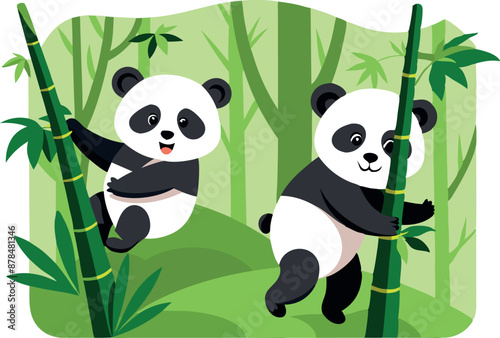 Cute panda illustration with two playful pandas climbing bamboo in a lush green forest