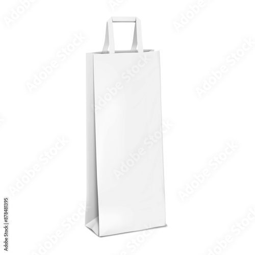 Blank tall narrow tape handle paper carrier bag for wine or spirits bottle isolated on white background. Realistic 3d vector mockup. White flat bottom gusseted package. Mock-up. Template for design