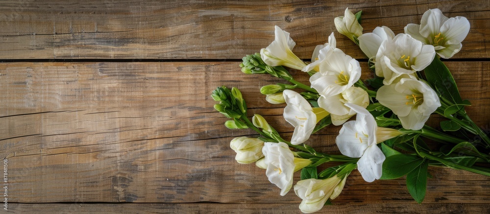 Copy space image featuring a beautiful posy of fresh freesia flowers on a rustic wooden table background. Copy space image featuring a beautiful posy of fresh freesia flowers on a rustic wooden table background.