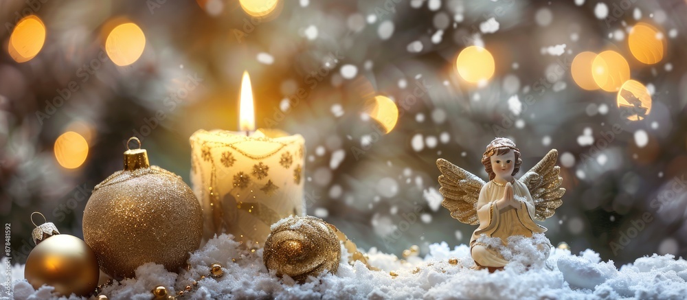 Festive Christmas ornament featuring a single lit candle, angel figurine, golden balls, and snowy accents, perfect for a copy space image. Festive Christmas ornament featuring a single lit candle, angel figurine, golden balls, and snowy accents, perfect for a copy space image.