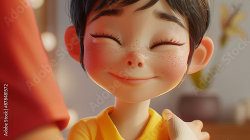 A kid looking bashful while receiving a complimen. Animated character, C4D model rendering, 3D rendering