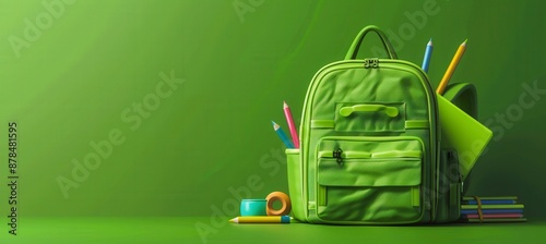 A green backpack with a bunch of school supplies on it