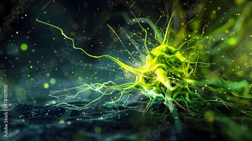 Lime-Colored Neural Impulses Bursting in Digital Cerebellum photo