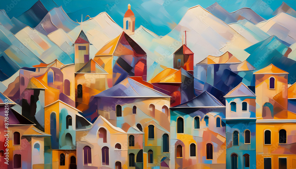 Small town with cheerful houses, painting Small town with cheerful houses, painting