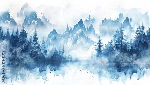 Misty Mountains with Pine Trees in Watercolor Illustration, Featuring a White Background and Blue Color Scheme. Blurred Effect to Convey Mystery in Nature, in the Style of a Romantic Artist.