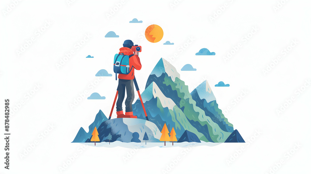 Fototapeta premium Adventure Travel Photography Concept: 3D Flat Icon with GoPro Camera, Mountain View, and Tripod Copy Space Included