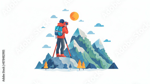 Adventure Travel Photography Concept: 3D Flat Icon with GoPro Camera, Mountain View, and Tripod   Copy Space Included