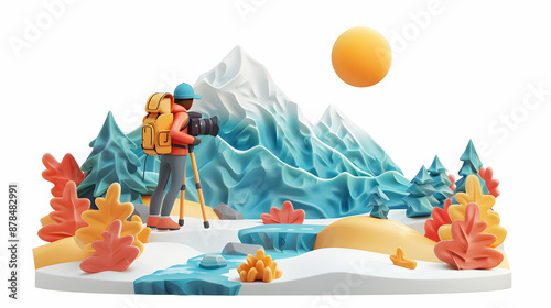 3D Flat Icon of Individual with GoPro Camera, Mountain View, and Tripod for Adventure Travel Photography with Copy Space