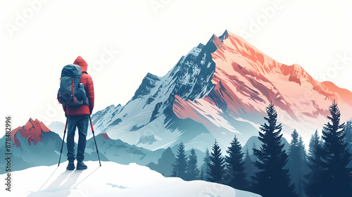 Adventure Travel Photography Concept: 3D Flat Icon of Individual with GoPro Camera and Tripod Overlay, Copy Space.