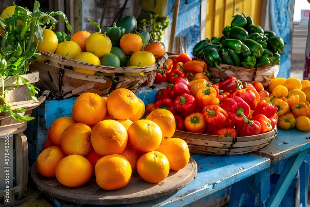 Abundant Citrus Fruits and Vibrant Bell Peppers at a Lively Market Stall Abundant Citrus Fruits and Vibrant Bell Peppers at a Lively Market Stall