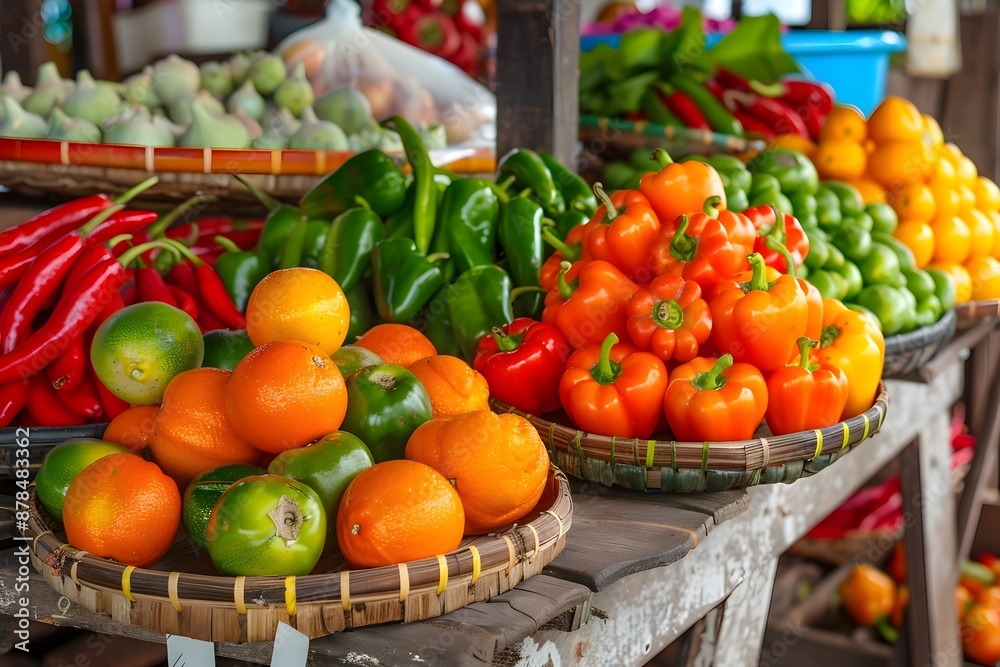 Vibrant Market Stall Overflowing with Fresh Citrus Fruits and Colorful Bell Peppers Vibrant Market Stall Overflowing with Fresh Citrus Fruits and Colorful Bell Peppers