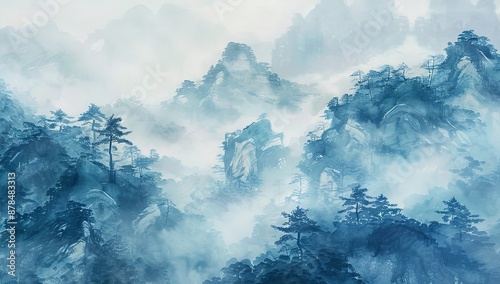 Misty Mountains with Pine Trees in Watercolor Illustration, Featuring a White Background and Blue Color Scheme. Blurred Effect to Convey Mystery in Nature, in the Style of a Romantic Artist.