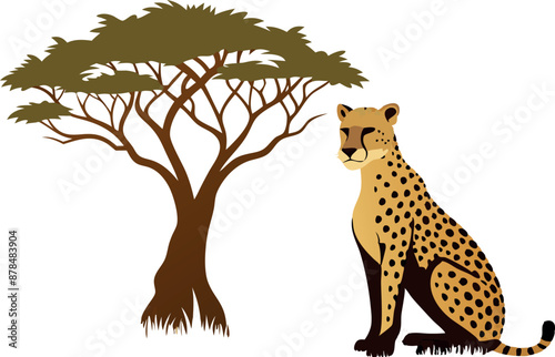 Illustration of a cheetah sitting next to an acacia tree in the wild savanna