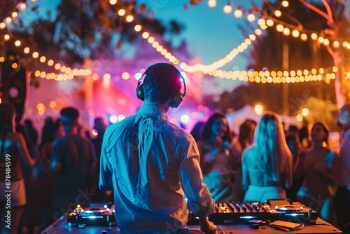 A lively outdoor dance party with a DJ playing music, people dancing and enjoying themselves, and colorful lights creating a festive atmosphere