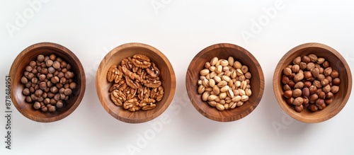 Assortment of nuts on wood dishes against white backdrop with room for copy space image.