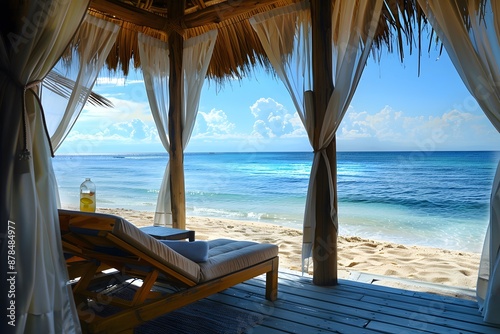 A relaxing beachside cabana with comfortable loungers, flowing curtains, and a refreshing drink on a small table, set against the backdrop of the ocean