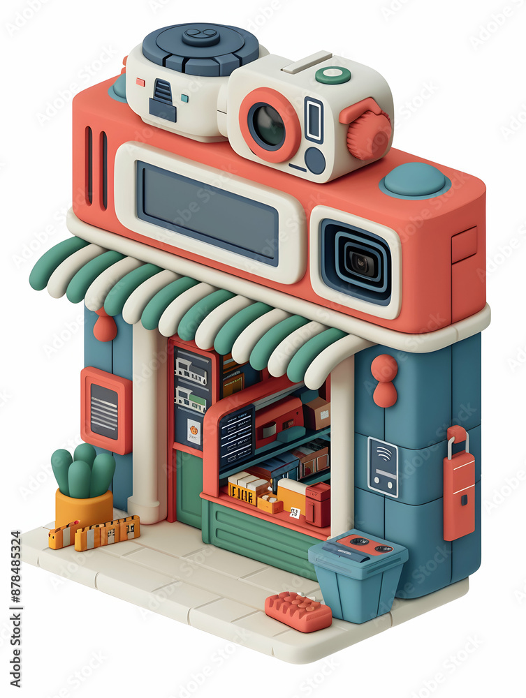 Fototapeta premium 3D Flat Icon of Individual with Pocket Camera in Busy Market Market Timelapse Concept with Copy Space for Writing. Isolated on White Background.