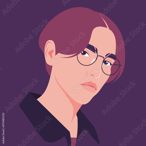 The face of a young arrogant Asian man with eyeglasses on a dark background. Vector flat Illustration