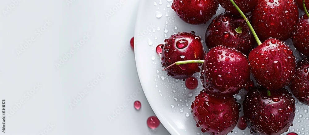 Close-up of succulent cherries with water droplets on a plate against a white backdrop, with selective focus and space for text or images. image with copy space