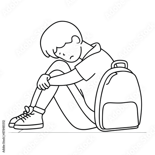 a sad boy with a schoolbag sitting on the floor, line art vector illustration 