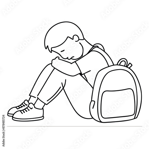 a sad boy with a schoolbag sitting on the floor, line art vector illustration 