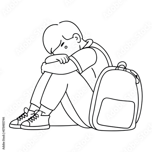 a sad boy with a schoolbag sitting on the floor, line art vector illustration 