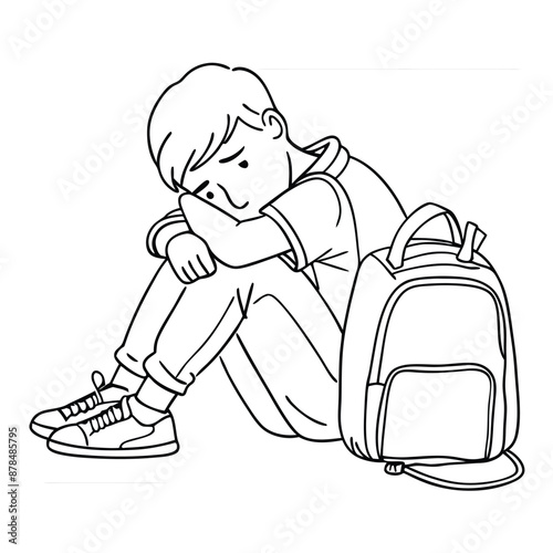 a sad boy with a schoolbag sitting on the floor, line art vector illustration 
