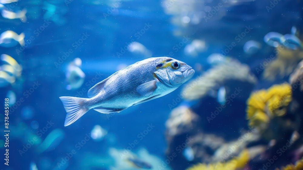 A Single Fish Swimming Through a Blue Aquarium Tank A Single Fish Swimming Through a Blue Aquarium Tank