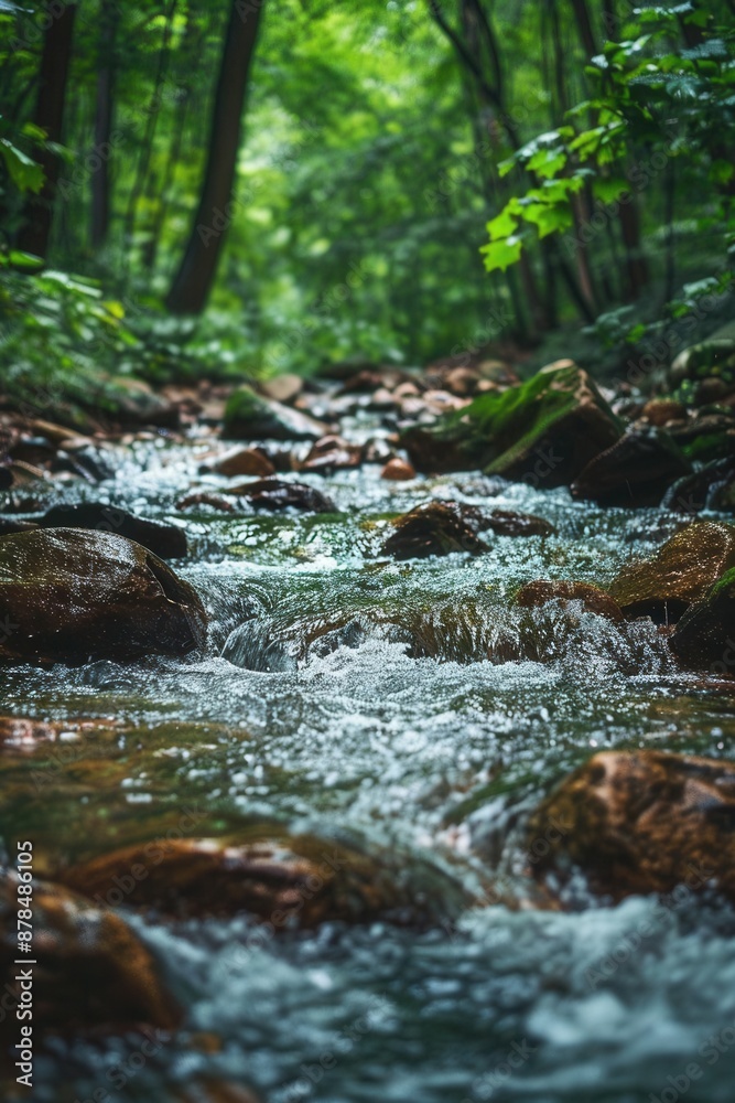 Stream flowing among rocks, lush forest, serene atmosphere, Stream flowing among rocks, lush forest, serene atmosphere,