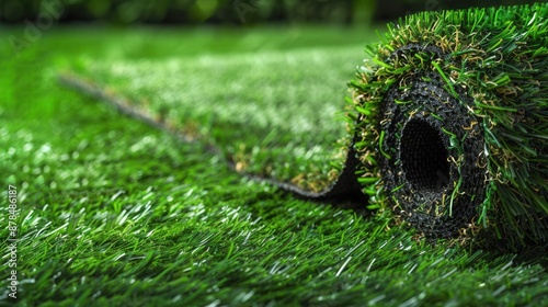 The rolled synthetic turf section, home garden landscape setting, high resolution, vivid colors,