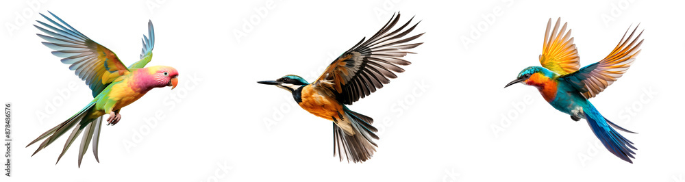 Set of tropical birds flying with colorful feathers, isolated on transparent background Set of tropical birds flying with colorful feathers, isolated on transparent background