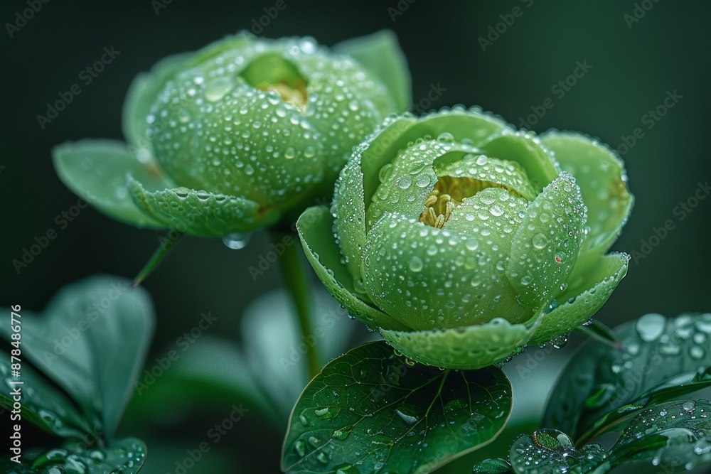 Green peonies with dew on a black background. Generative AI Green peonies with dew on a black background. Generative AI