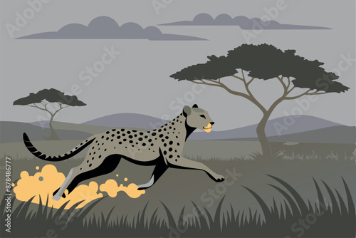 Illustration of a cheetah running in the African savanna with acacia trees and mountains in the background photo