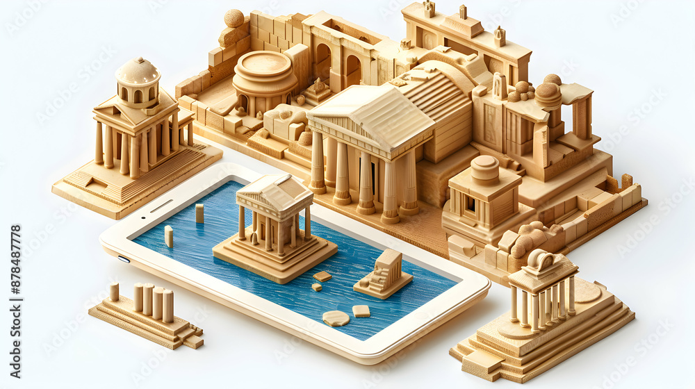 Naklejka premium 3D Flat Icon: Individual Working Remotely at Temple Ruins with Tablet and Bluetooth Mouse, Copy Space for Writing