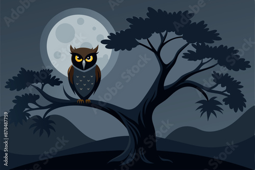 Illustration of a nocturnal owl perched on a tree branch under a full moon
